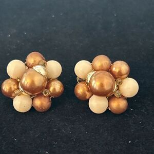 Vintage Japan Bronze & Cream Beaded Cluster Clip-On Earrings